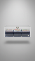 Locking acrylic display case for collectible cards, 3/4 angle as default: showcases clarity of materials and product depth...