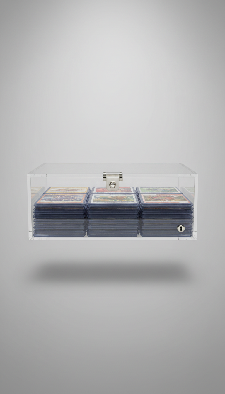 Locking acrylic display case for collectible cards, 3/4 angle as default: showcases clarity of materials and product depth...