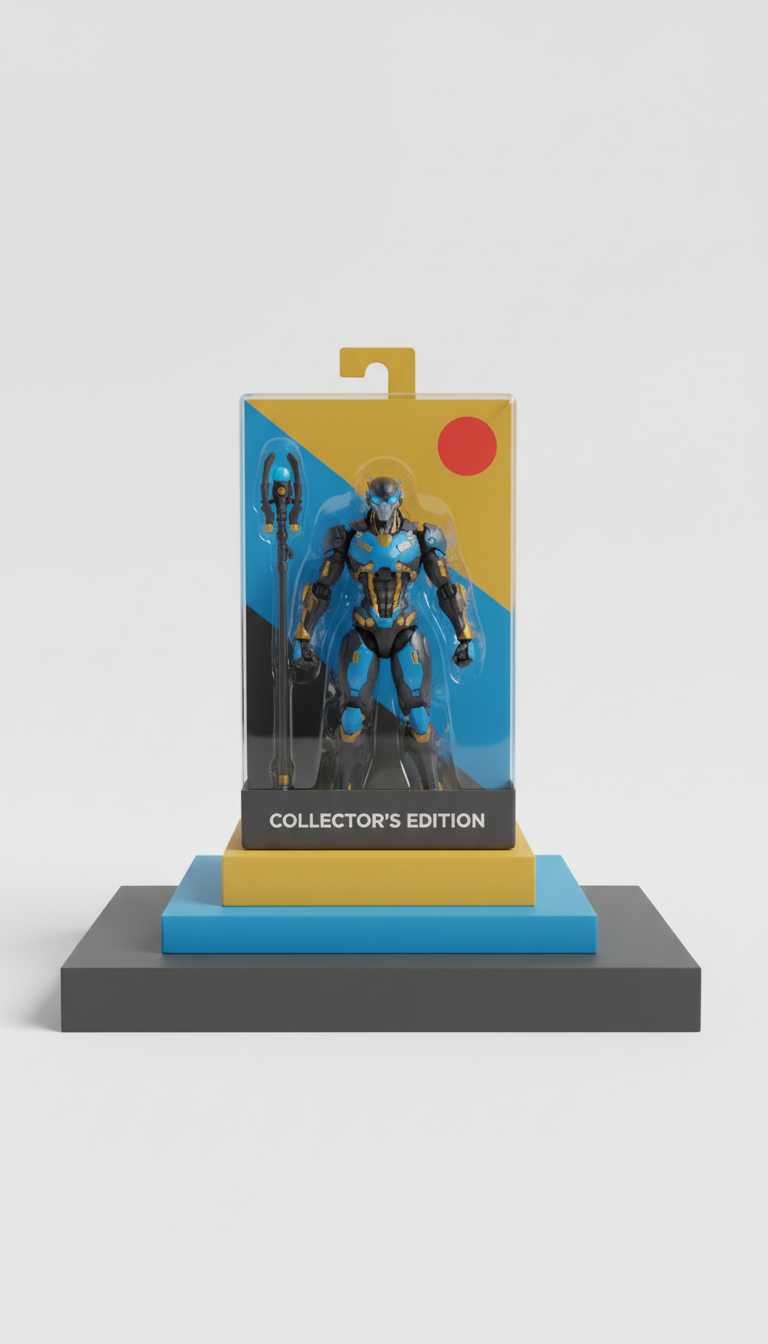 Limited-edition cyborg action figure with collector packaging, Three-quarter hero angle is default — slightly above...