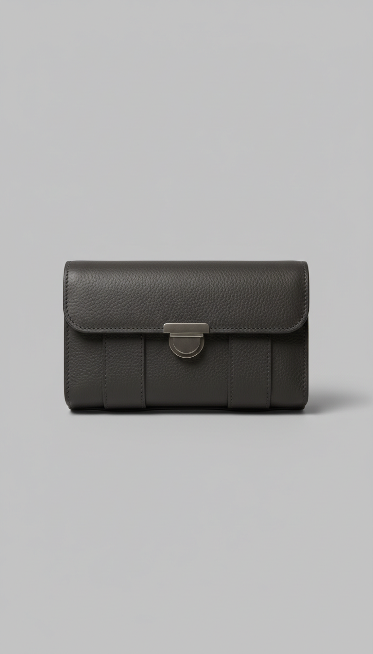 A premium leather tech organizer, centered against a clean Urban Gray backdrop. The product is perfectly framed with soft,...