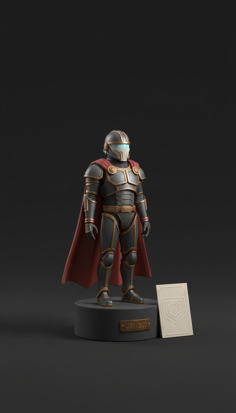 Retro Space Commander designer collectible figure, Default angle: 3/4 hero view slightly above eye-level, emphasizing...