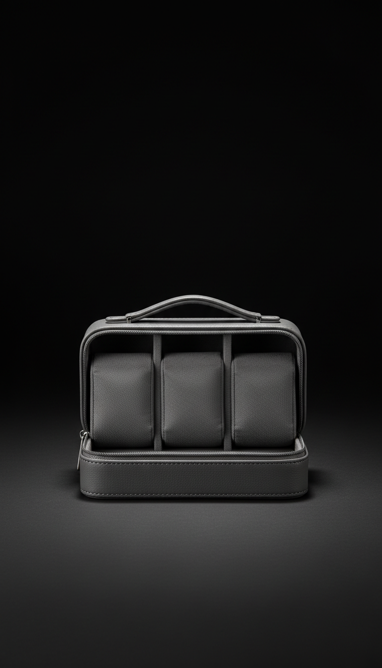 A perfectly centered, straight-on portrait shot of a Graphite Gray watch travel case. The case is illuminated with soft,...