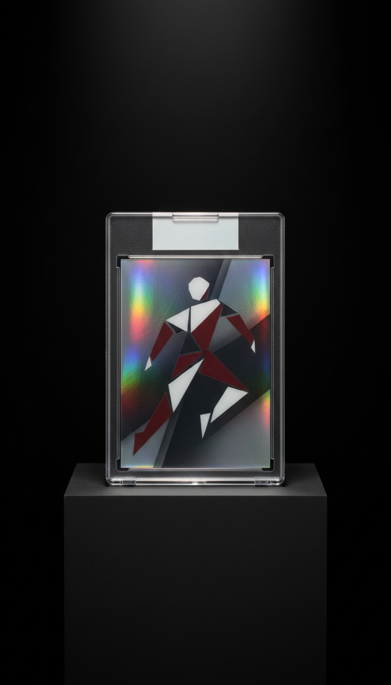 Graded holofoil sports trading card in tamper-evident case, Default arrangement: single product centered on a matte black...