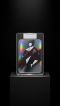 Graded holofoil sports trading card in tamper-evident case, Default arrangement: single product centered on a matte black...
