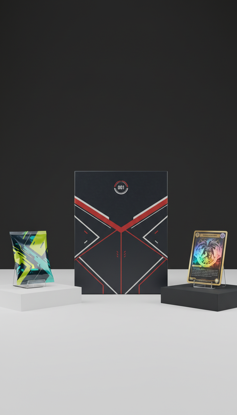 Numbered matte collector box, 3/4 angle product shots on color-blocked plinths; backgrounds alternate between Midnight...