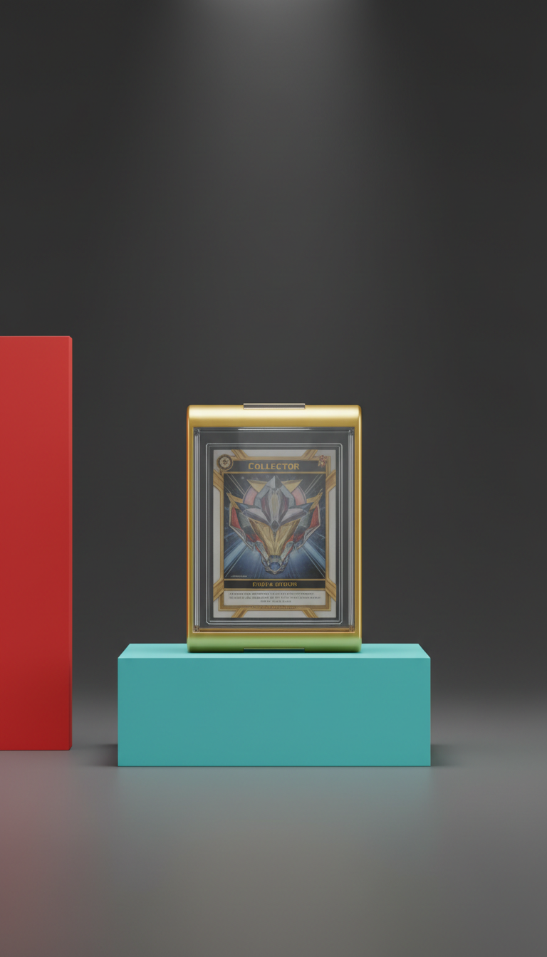 Collector Gold display case, Three-quarter angle hero shot—case presented upright on a colored block (Cyan Pop or...