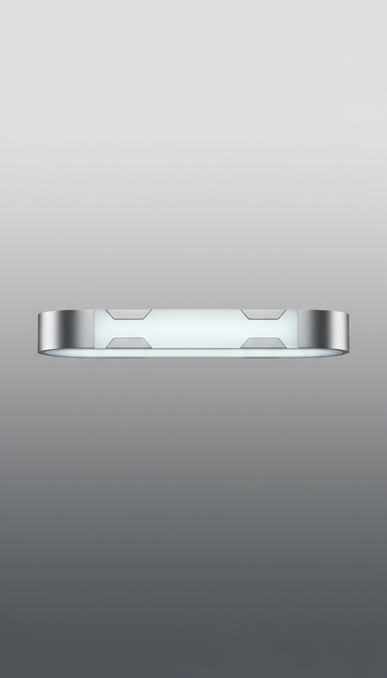 A smart lighting solution with a sleek, modern design, perfectly centered against a gradient background from 'Soft Silver'...
