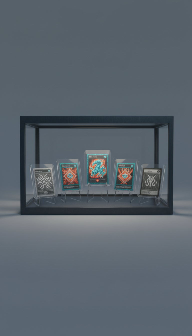 Rare trading card display case, Opt for a 3/4 angle that showcases the cards' details and packaging. Backgrounds should be...