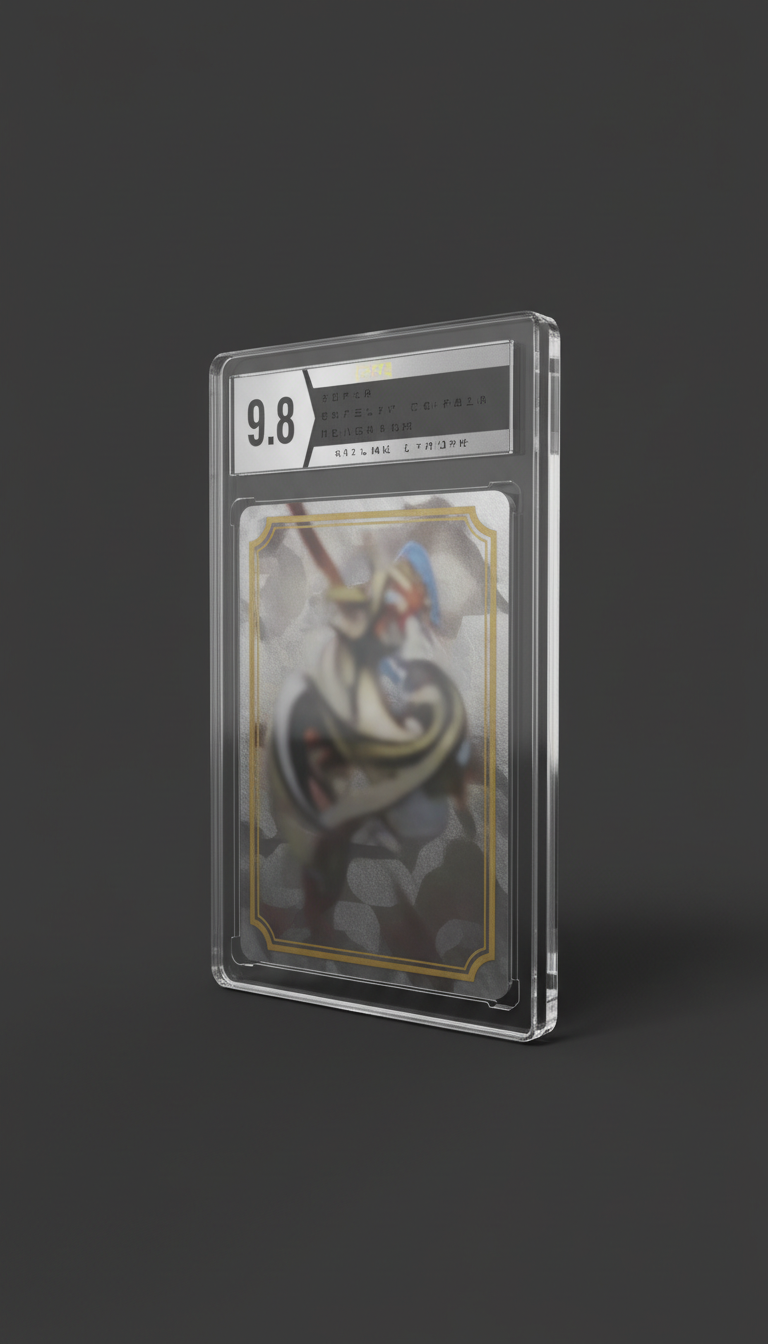 Graded trading card game (TCG) slab, perfectly centered horizontally and vertically with equal negative space above and...