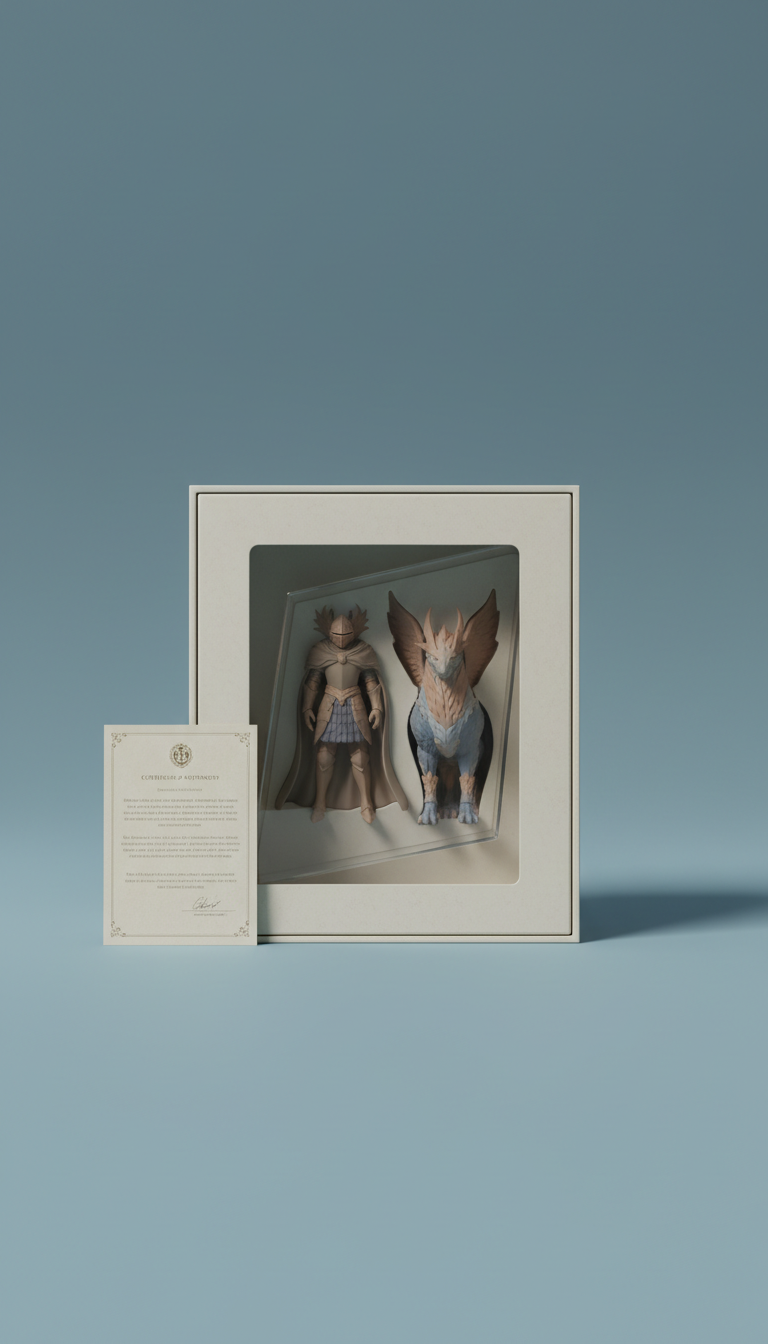 Exclusive collaboration figurine with collector packaging, 3/4 front view as default for hero shots — shows both...