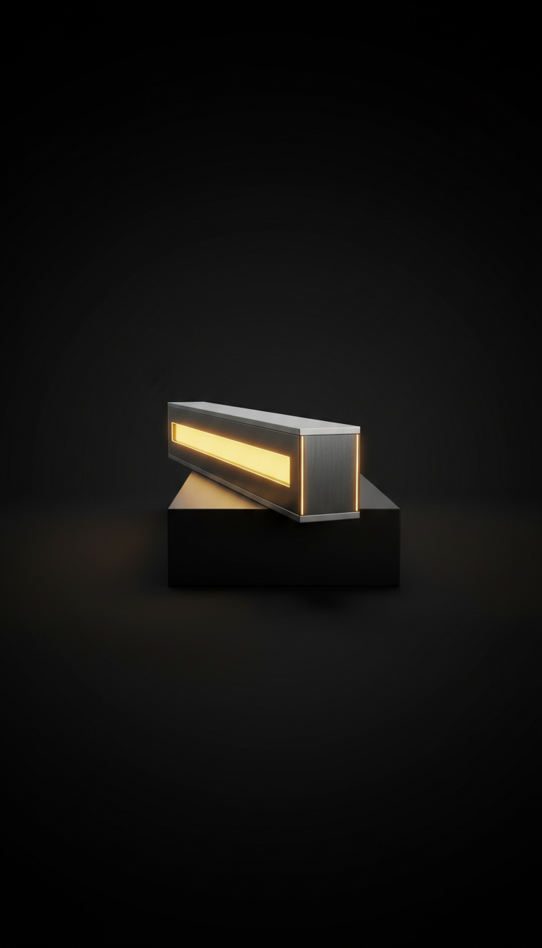 Aluminum LED ambient light bar, Default to a dramatic 3/4 hero angle that reveals front and side profile; product elevated...