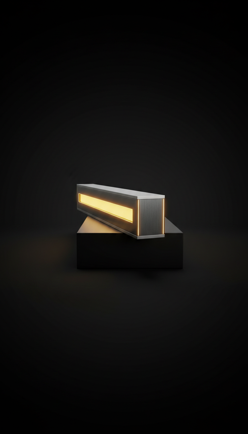 Aluminum LED ambient light bar, Default to a dramatic 3/4 hero angle that reveals front and side profile; product elevated...