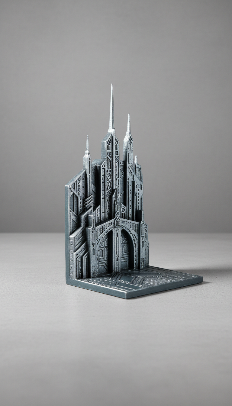 An intricately hand-painted bookend featuring Slate Gray and Cool Silver hues, centered on a monochromatic background. The...