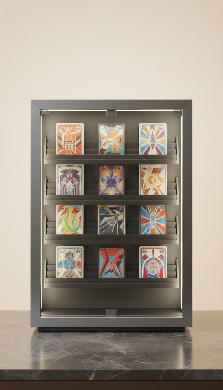 A sleek and modern display case designed for trading card collectibles, captured in a straight-on front view. The...
