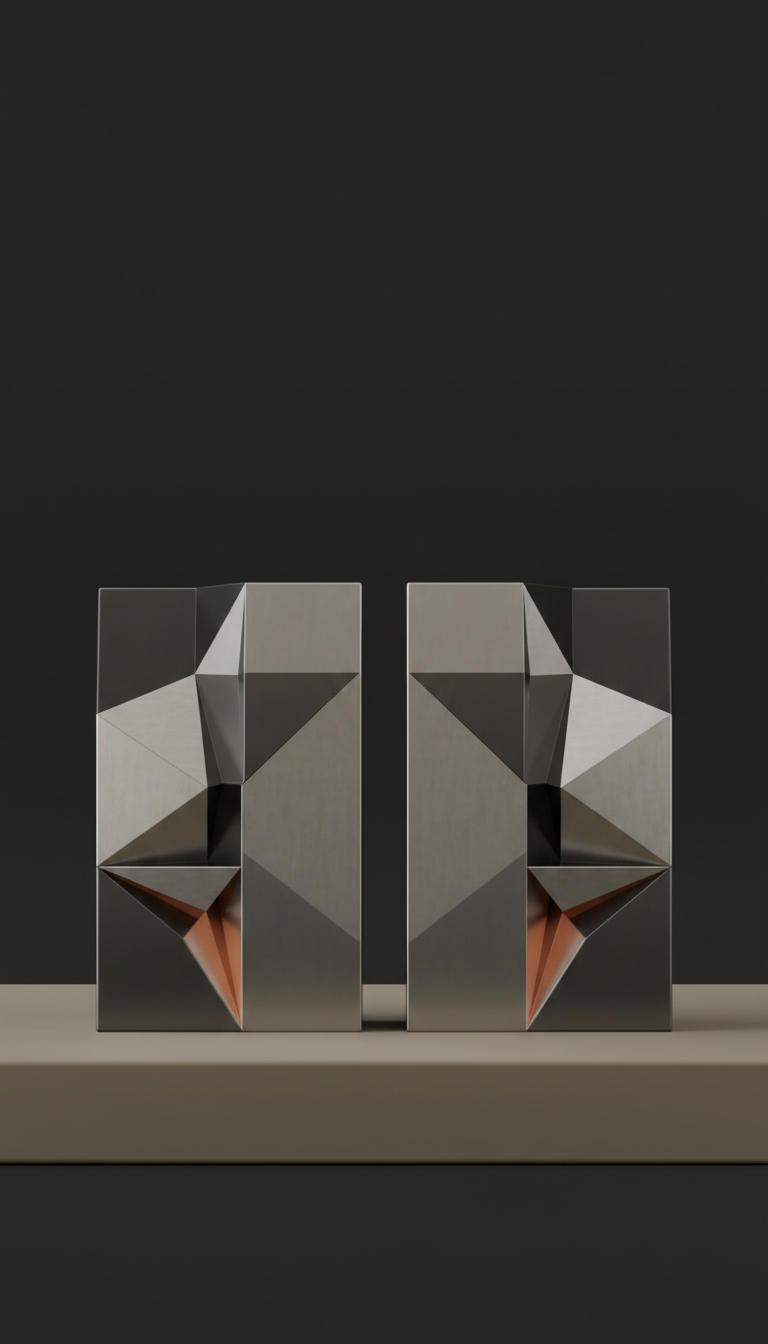 Geometric bookend pair, Three-quarter angle is default—never flat lay—with product placed atop a low plinth against a...
