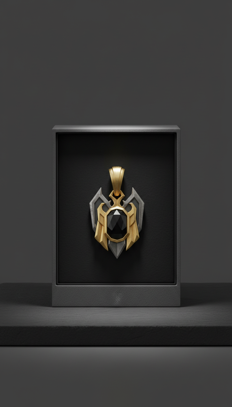 Midnight Guardian pendant, minimal reflections—let gold/silver finish pop through hard light without glare. Shadows are...
