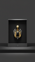 Midnight Guardian pendant, minimal reflections—let gold/silver finish pop through hard light without glare. Shadows are...