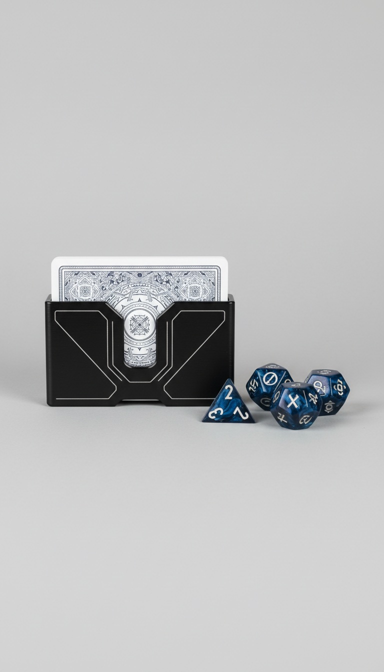 Stylish gaming accessories, featuring a branded card holder and dice set, shadowless light, the image highlights the sleek...
