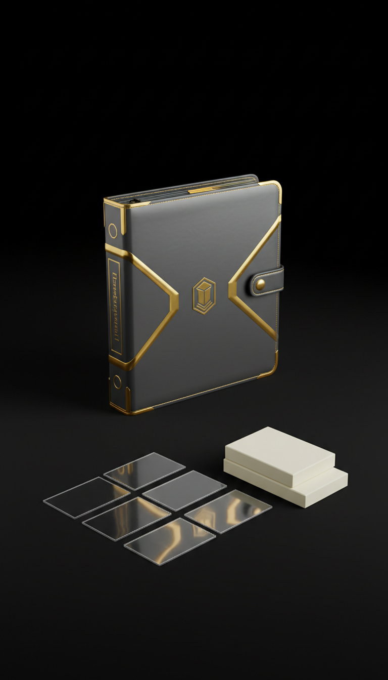 Gold-accent trading card binder, Default: Three-quarter angle slightly above eye-level to emphasize both surface finishes...