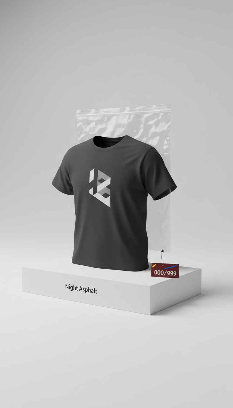 Night Asphalt monochrome t-shirt with collector tag and packaging, 3/4 angle as the default, capturing both front graphic...