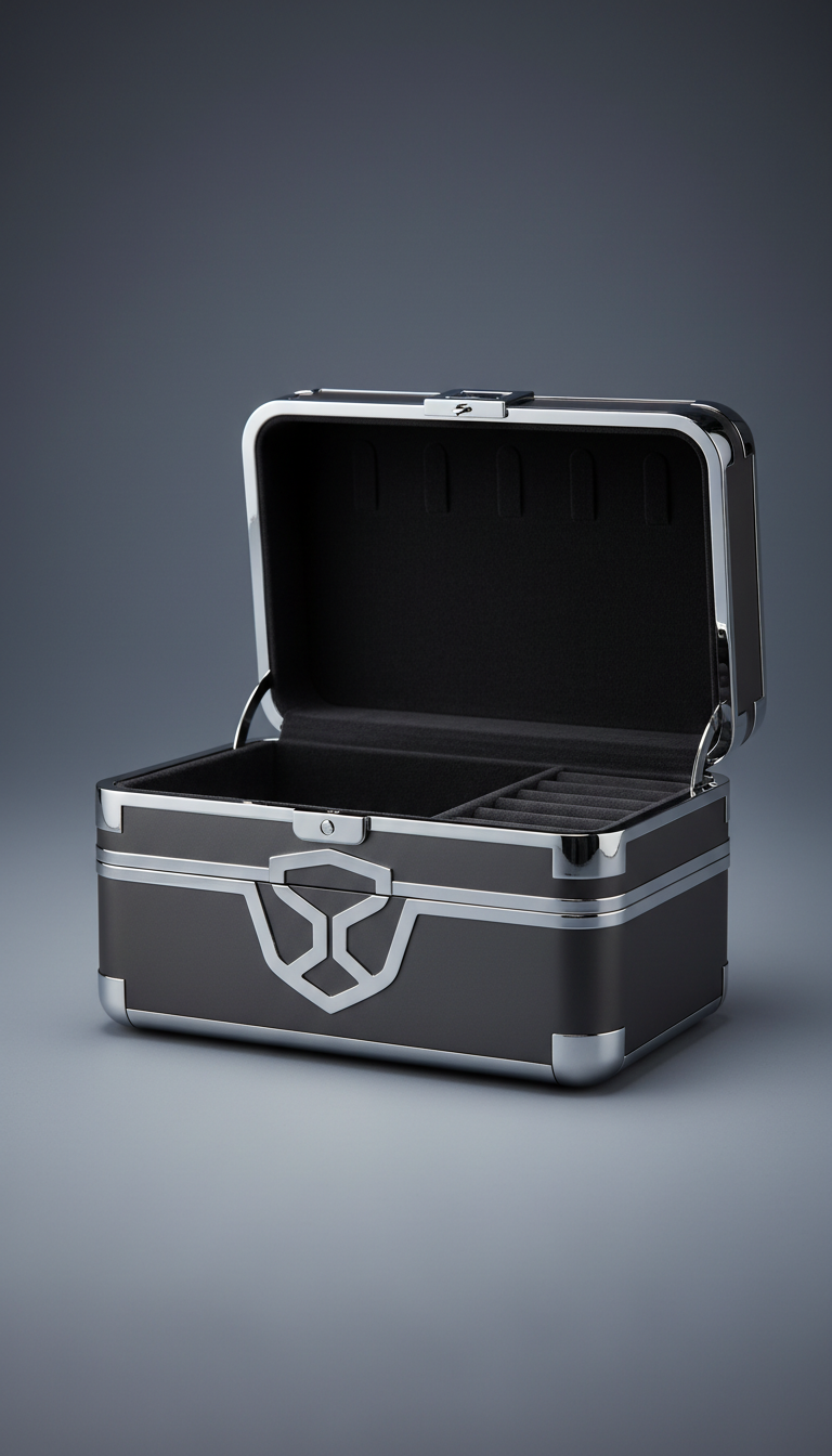 Chic protective jewelry box displayed on a clean slate gray background. The box is centered with soft, no brand names, no...