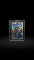 Holographic tournament promo card, Hero product angle is 3/4 — cards displayed upright in archival case or box opened at...