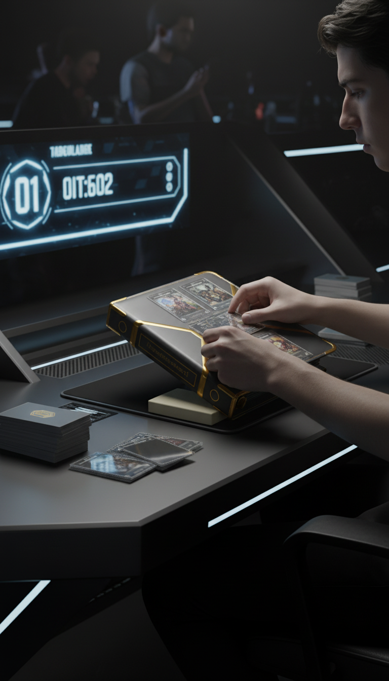 Collector's binder with golden accents in use