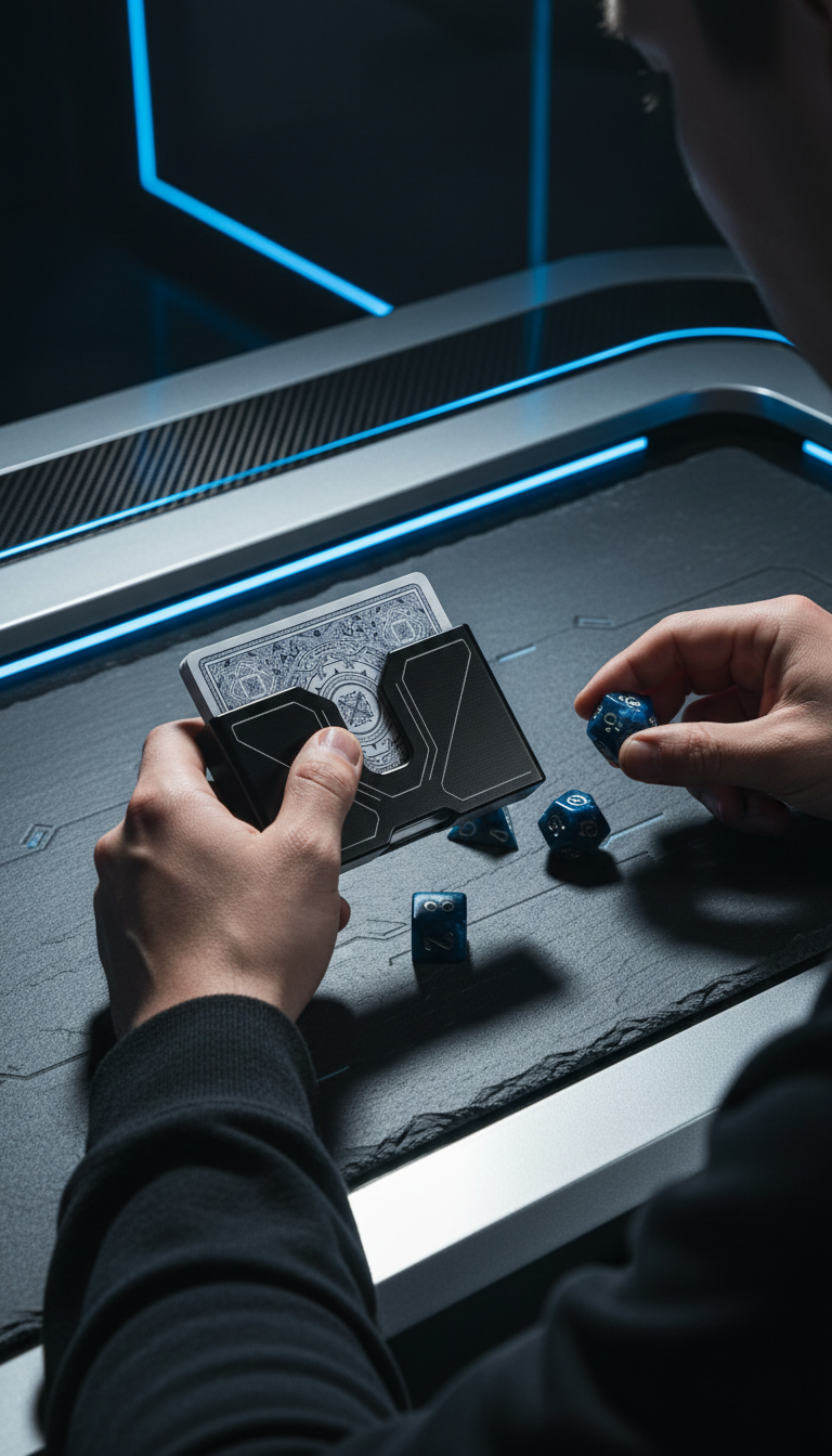 Gaming Card Holder and Dice Set in use