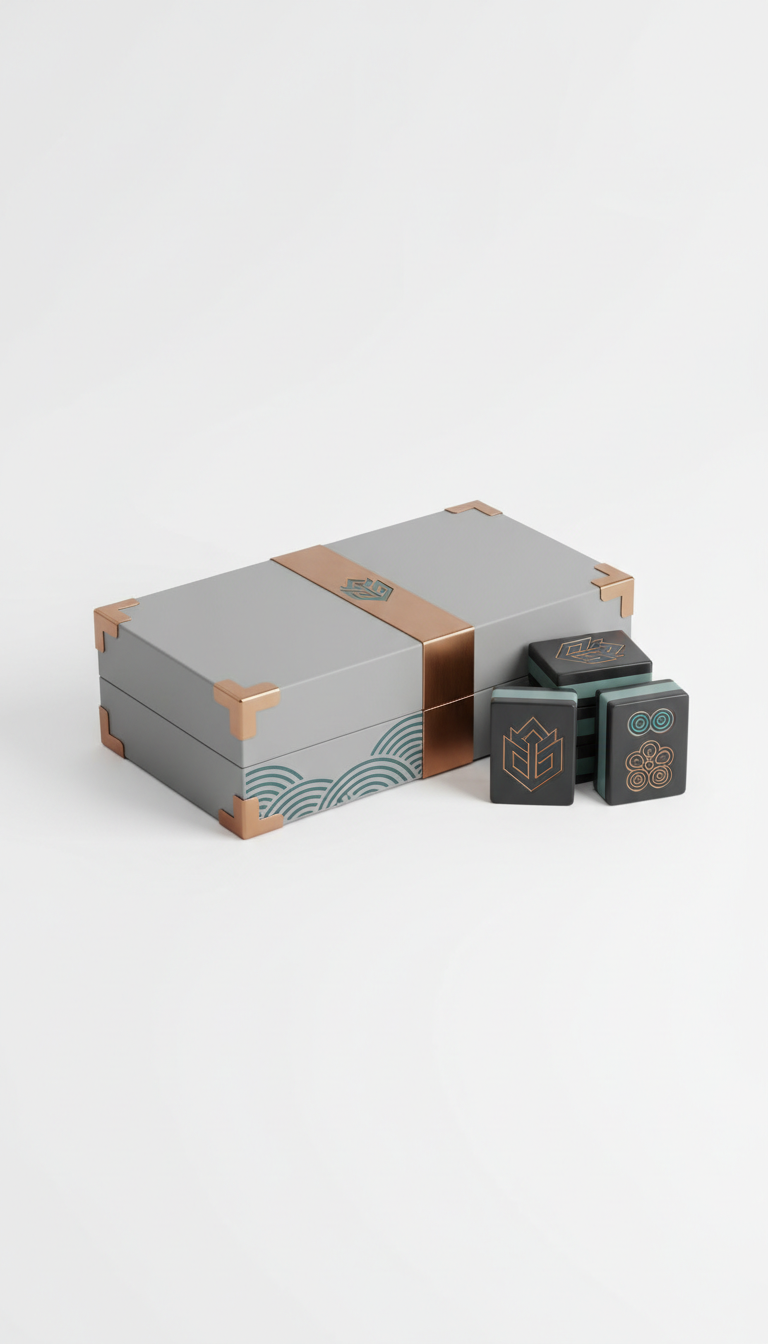 Modern mahjong set with sleek packaging., Focus on a 3/4 angle shot for the mahjong set to capture both its depth and...