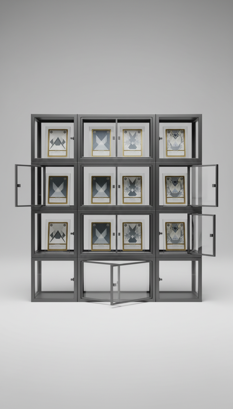 Signature modular display case, Default angle: 3/4 view at eye-level or slightly above, highlighting both face and edge of...