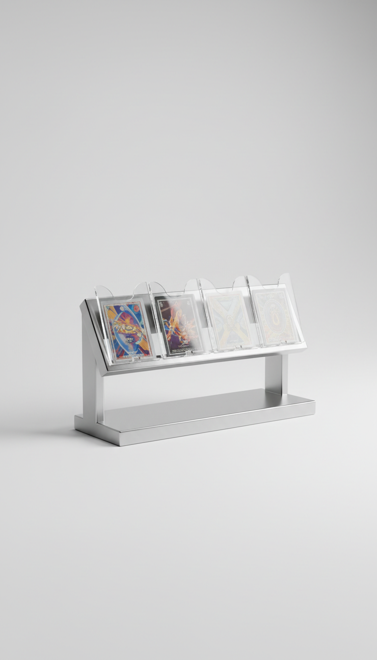 A modern display stand for trading cards, featuring polished metal and acrylic materials, with a subtle shadow to ground...