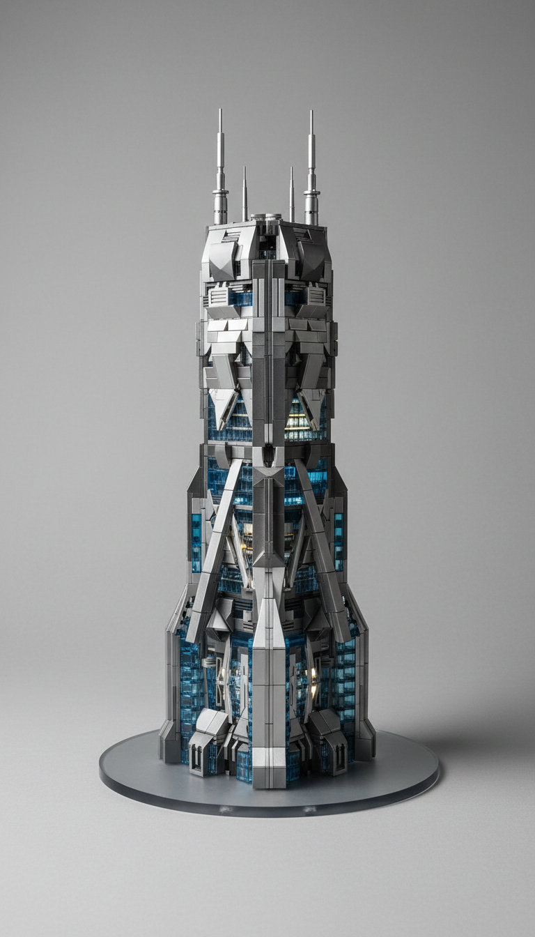 A front-facing, centered shot of a collectible series building block set, showcasing its complex design and premium...