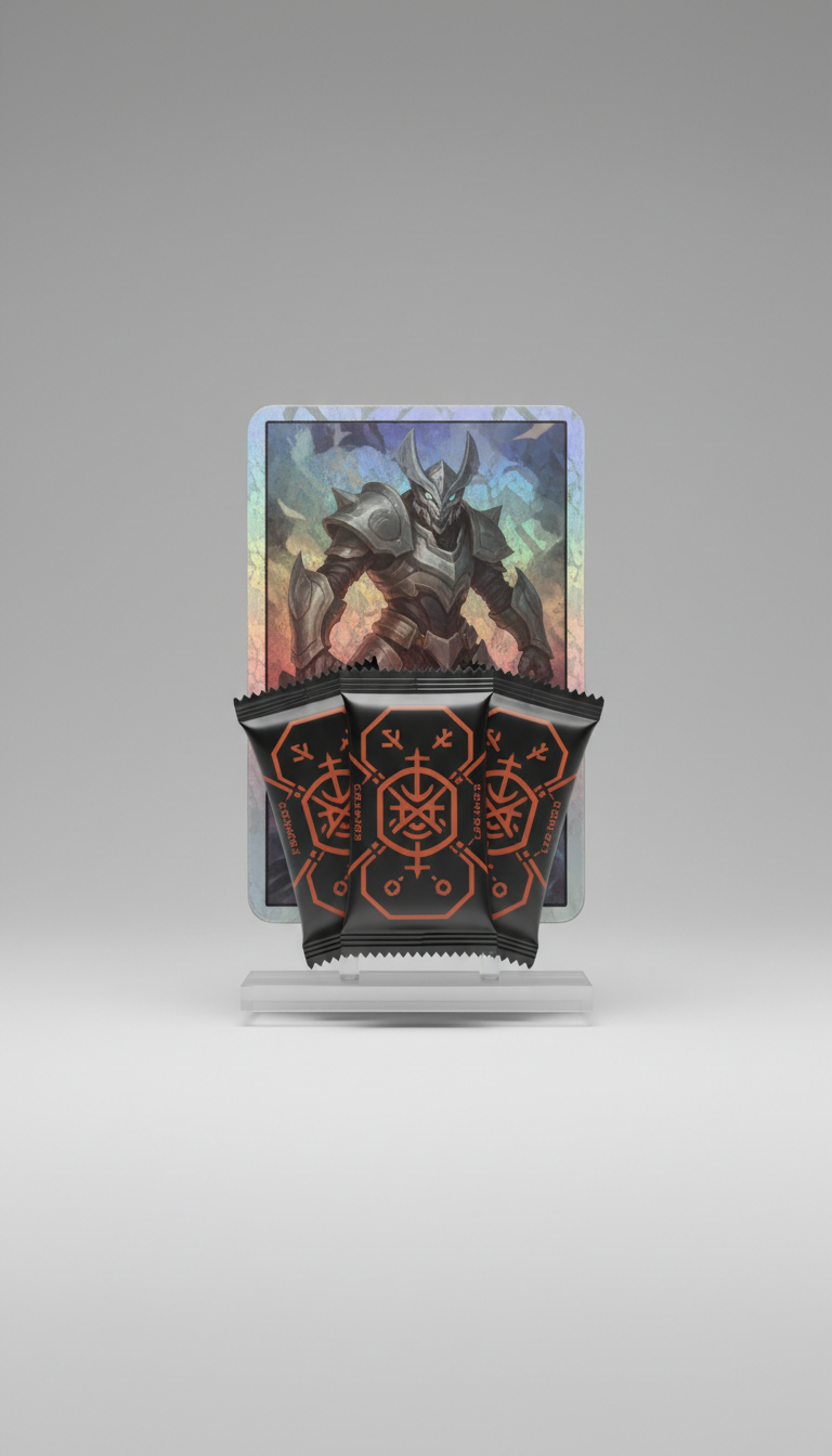 Yu-Gi-Oh premium foil card, Hero products shot front-on at a slight angle (3/4), cards perfectly upright on low acrylic...