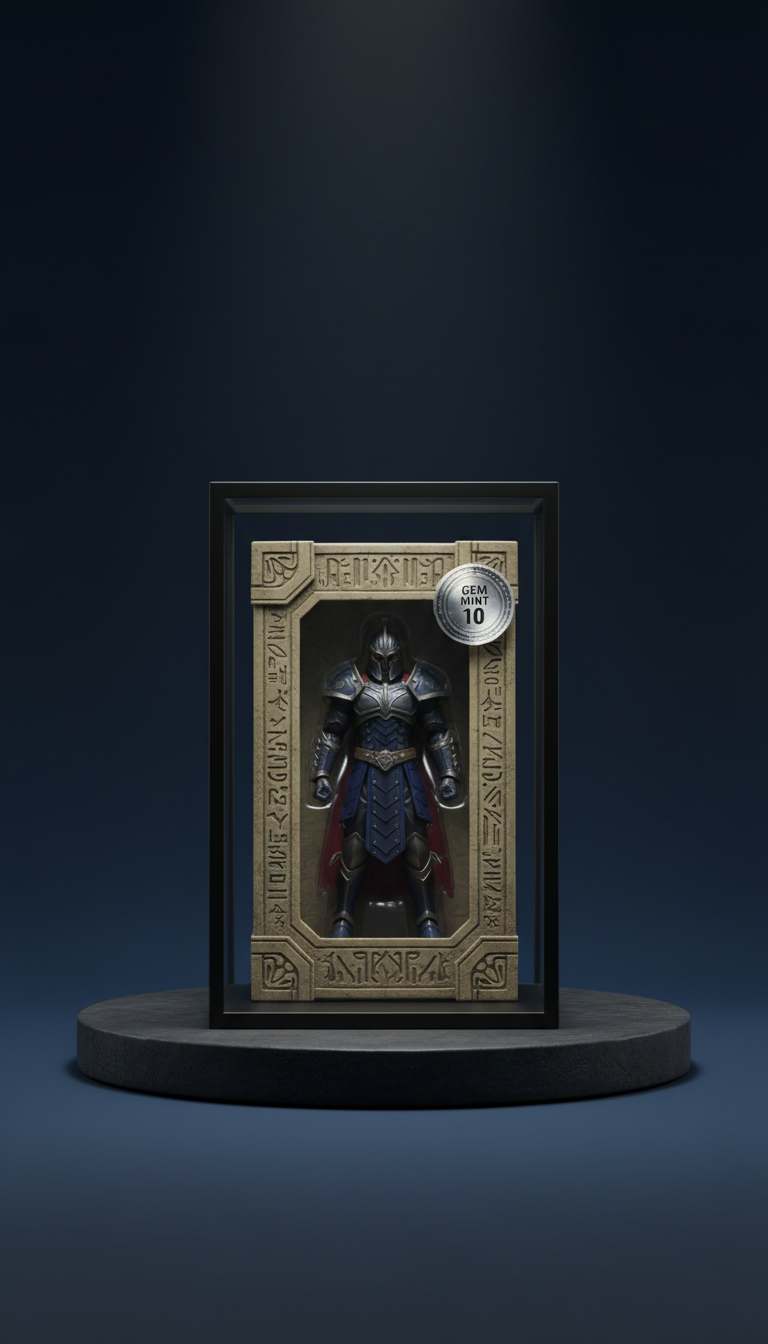 Collector’s edition action figure in original sealed packaging, Default angle is 3/4 view at eye-level or slightly below,...