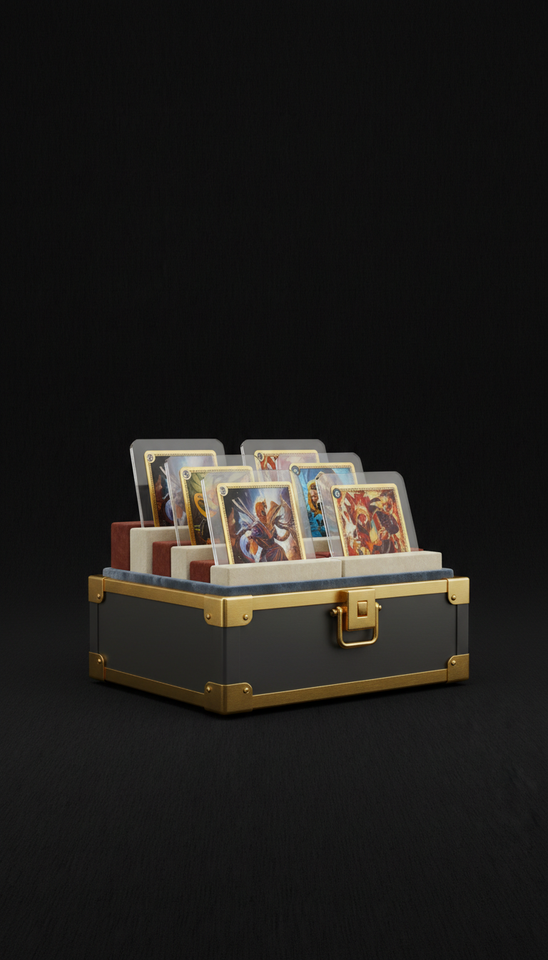 Collector’s Vault branded storage case, Default: three-quarter angle slightly above eye-level to reveal card faces and...