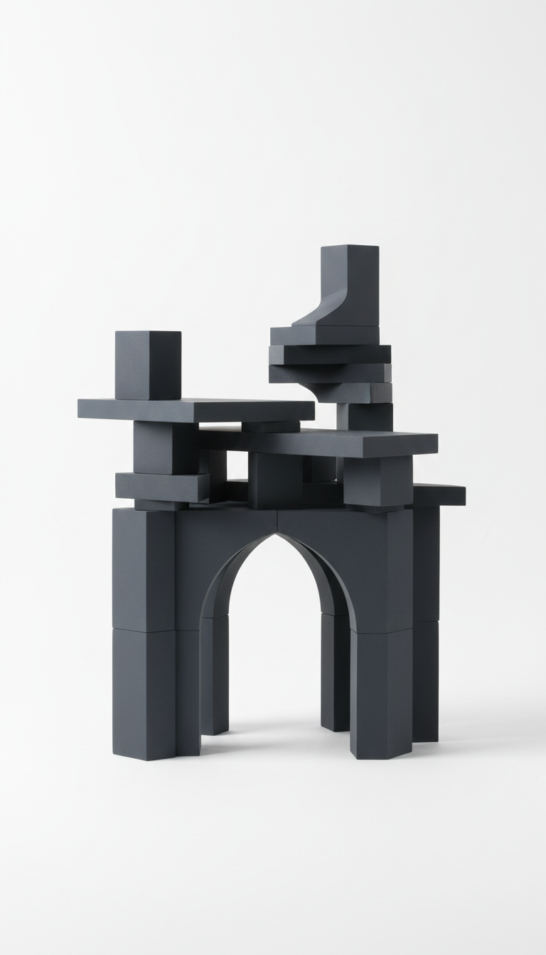 A front-facing, centered image of a creative building block set in 'Soft Charcoal', illuminated by soft, ensuring the...