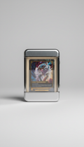 A centered portrait of a luxury trading card case, captured with a straight-on view on a clean, highlighting the case's...