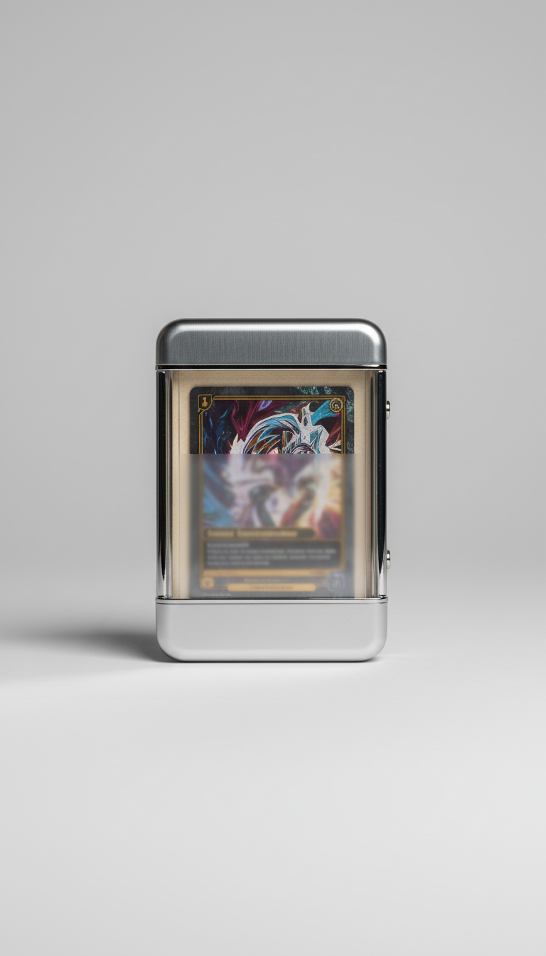 A centered portrait of a luxury trading card case, captured with a straight-on view on a clean, highlighting the case's...