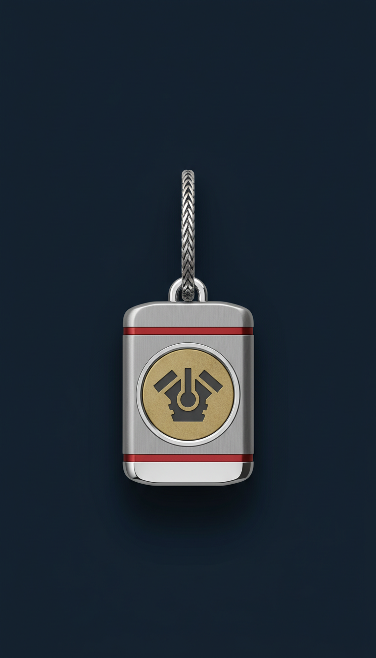 Engineered Elegance motorsport heritage key fob, Default angle is 3/4 view at eye-level or slightly low, showing depth and...